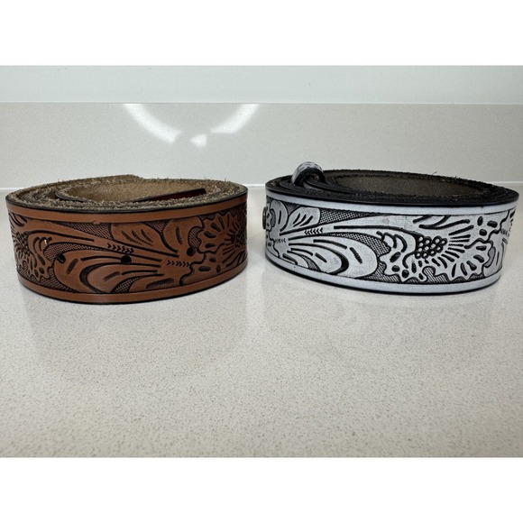 Belts.com Other - Belts Western Floral Tooled Leather Belt Lot 2 Tan White Snap 34 Genuine Leather